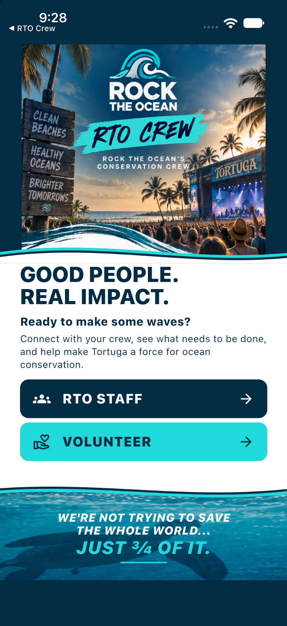 RTO Crew welcome screen with RTO Staff and Volunteer buttons