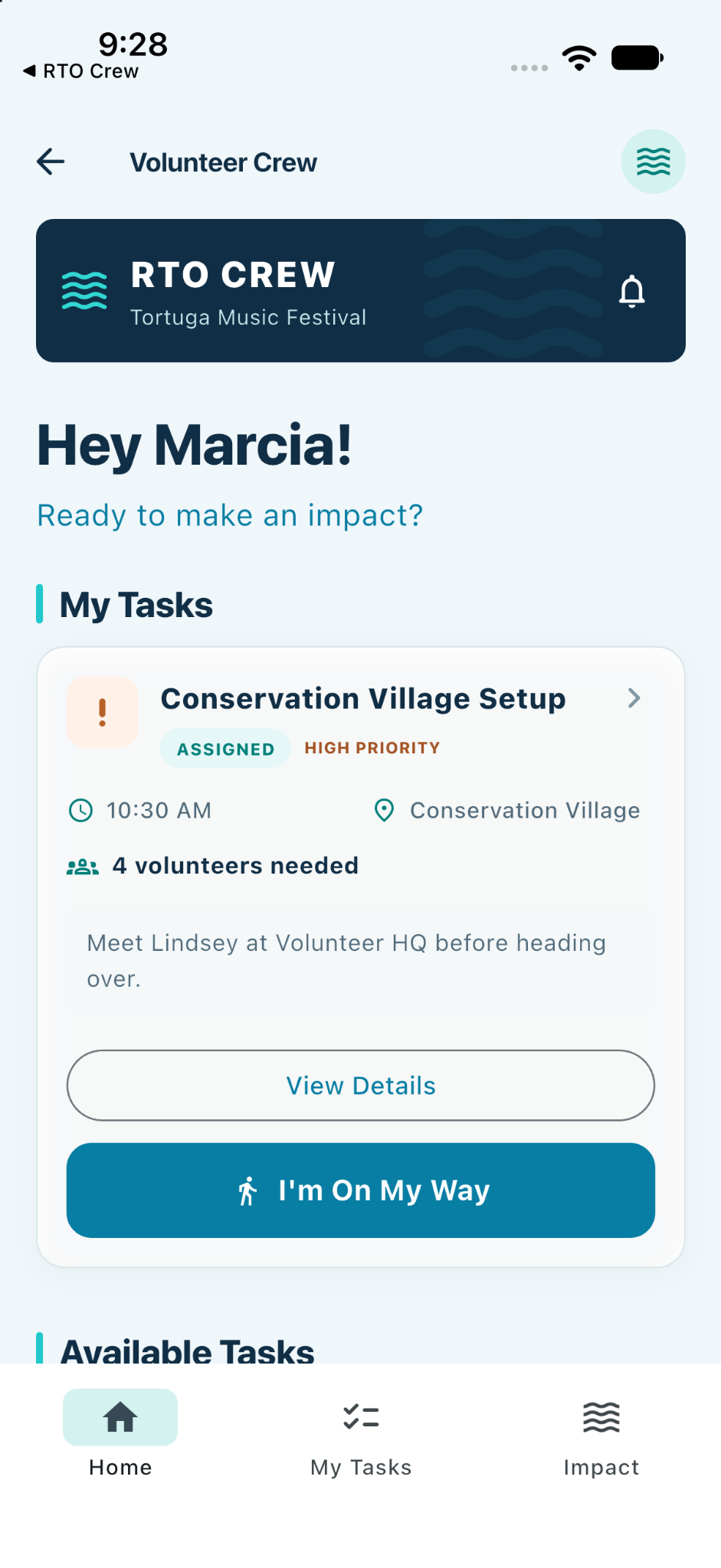 Volunteer Home screen showing My Tasks and Available Tasks