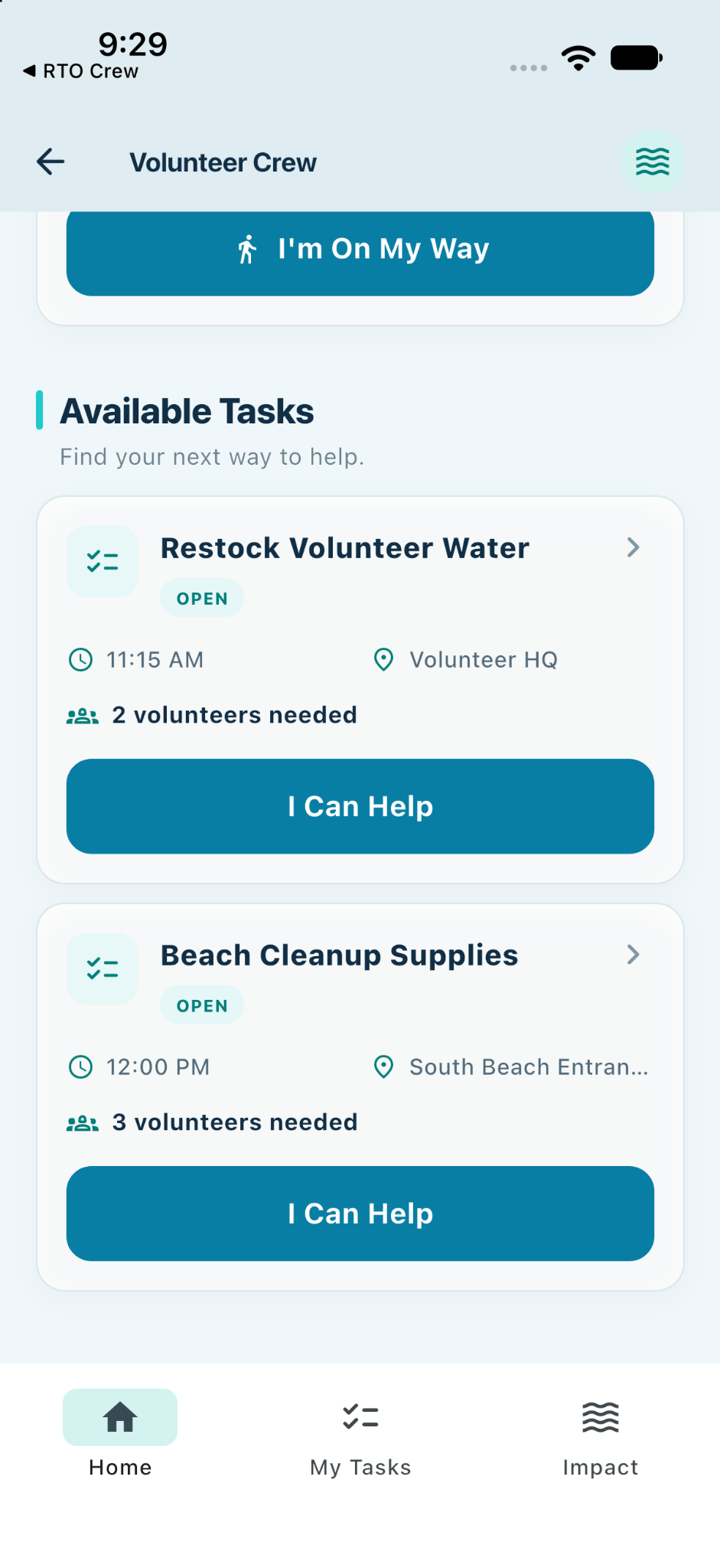 Available Tasks with I Can Help buttons